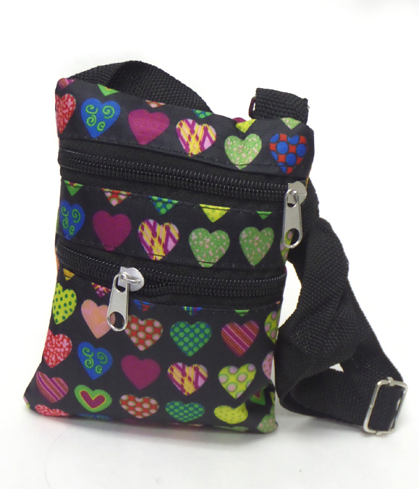 Multi color heart print mini messenger bag