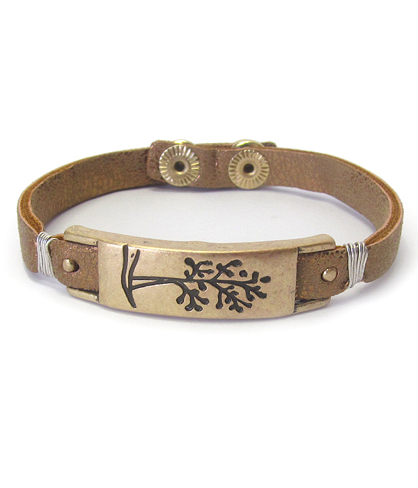 Metal bar and wire wrap leather bracelet - tree