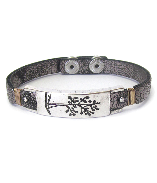 Metal bar and wire wrap leather bracelet - tree
