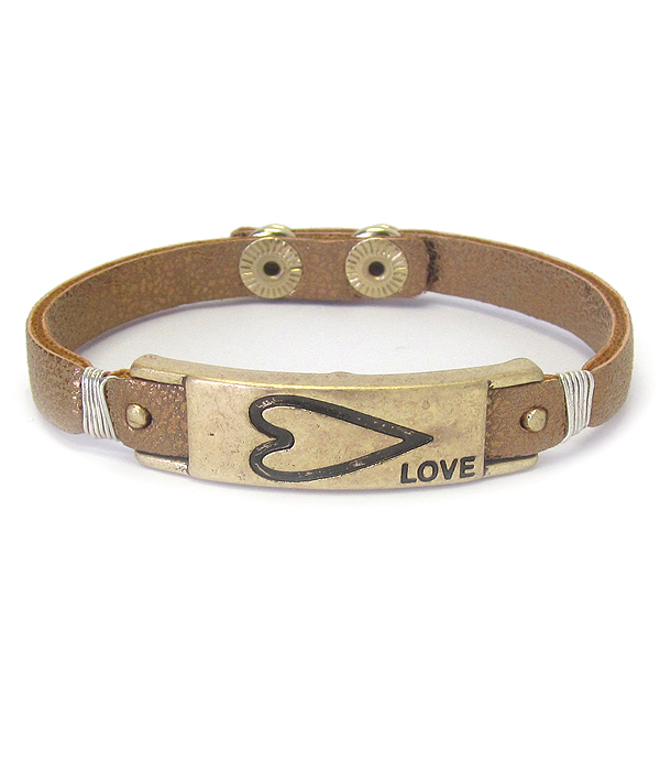 METAL BAR AND WIRE WRAP LEATHER BRACELET - HEART