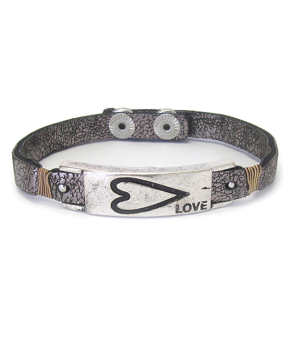 METAL BAR AND WIRE WRAP LEATHER BRACELET - HEART