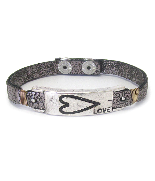 Metal bar and wire wrap leather bracelet - heart