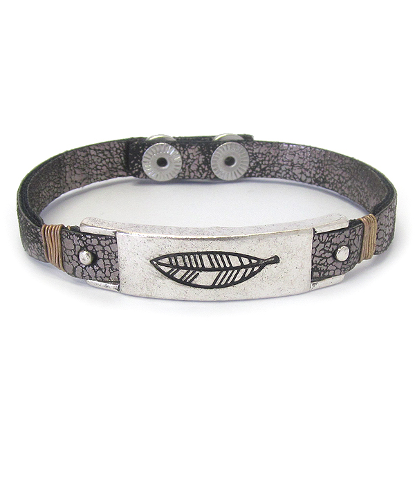 Metal bar and wire wrap leather bracelet - leaf