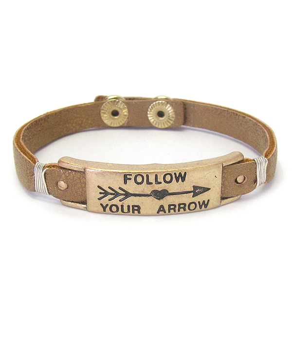 Metal bar and wire wrap leather bracelet - follow your arrow