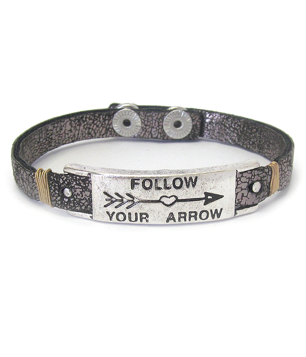 Metal bar and wire wrap leather bracelet - follow your arrow