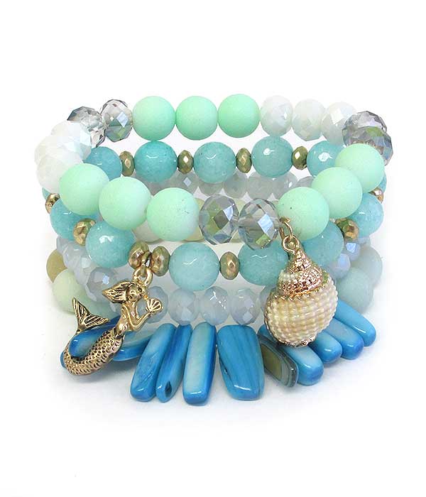 SEALIFE THEME NATURAL SHELL 4 STRETCH BRACELET SET - MERMAID