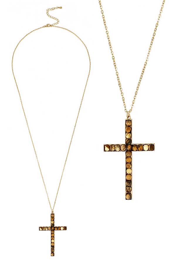 Semi precious stone cross pendant long necklace - jasper