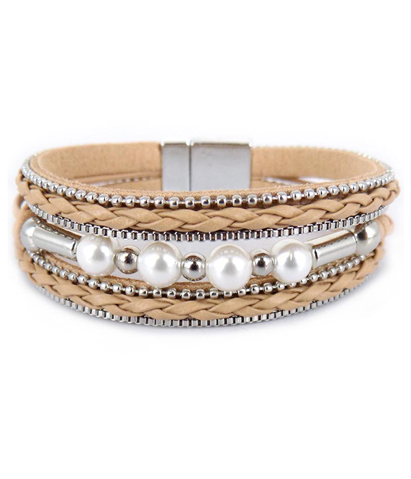 Multi layer woven leatherette and ball bead magnetic bracelet