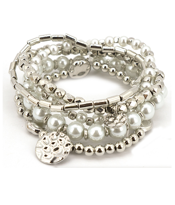 METAL CHIP AND PEARL MIX 5 STRETCH BRACELET SET