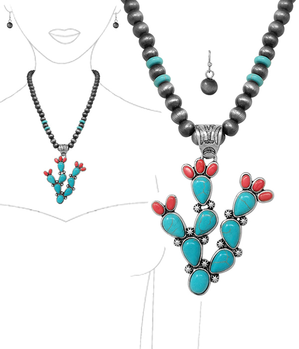 WESTERN THEME NAVAJO PEARL AND CACTUS PENDANT NECKLACE SET