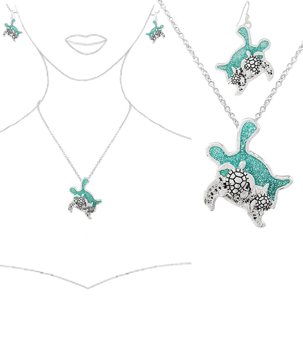 Sealife theme opal pendant necklace set - turtle