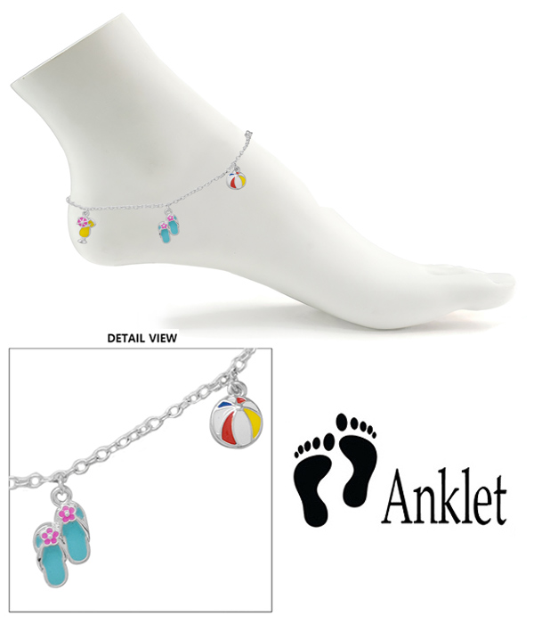 Sealife theme multi charm dangle anklet - flipflop