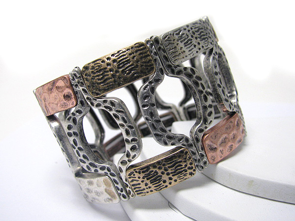 Wide metal art deco disk link stretch bracelet
