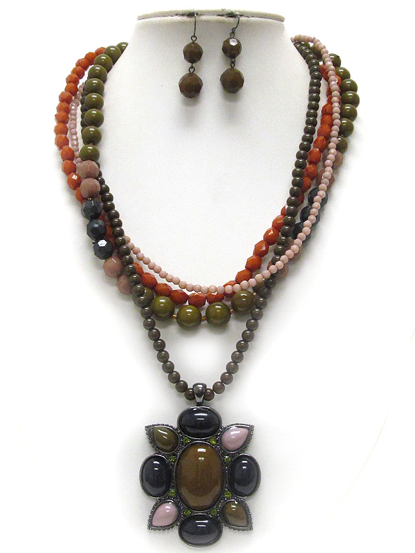 BOUTIQUE STYLE STONE AND BEADS ART DECO MEDALLION MULTI STRAND NECKLACE EARRING SET