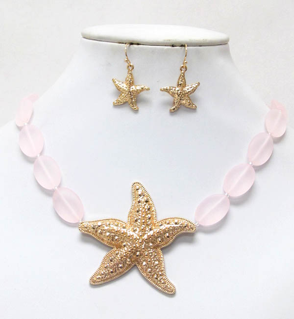 Textured starfish and ice bead necklace earring set