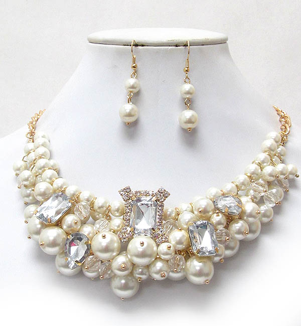 Crystal and multi pearl mix statement necklace earring set