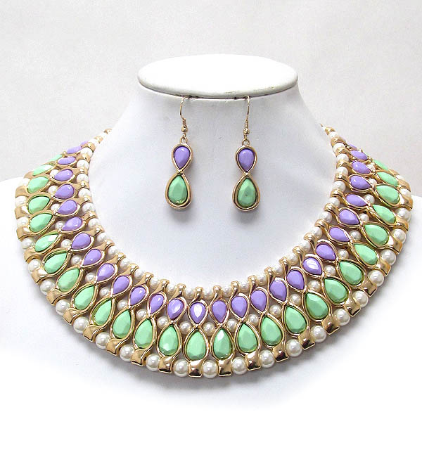Luxury line multi pearl and teardrop stone mix necklace earring set