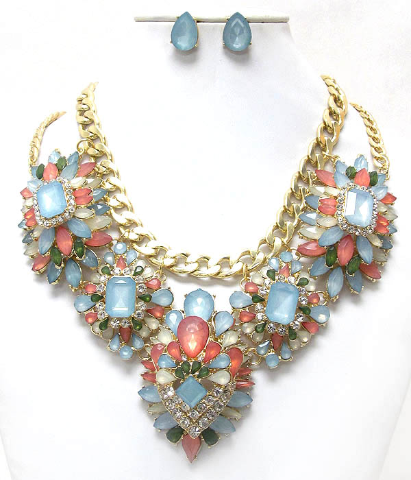 Luxury line multi crystal deco flower link boutique style necklace earring set
