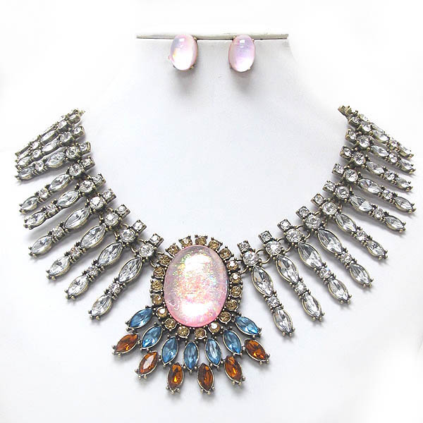 Luxury line abalone finish center and mulit crystal deco boutique style necklace earring set