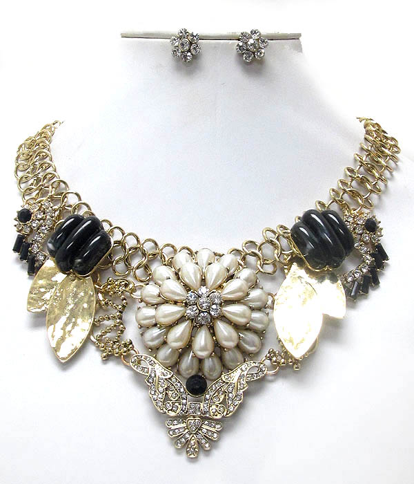 Luxury line multi pearl and crystal flower center metal net chain boutique style necklace earring set