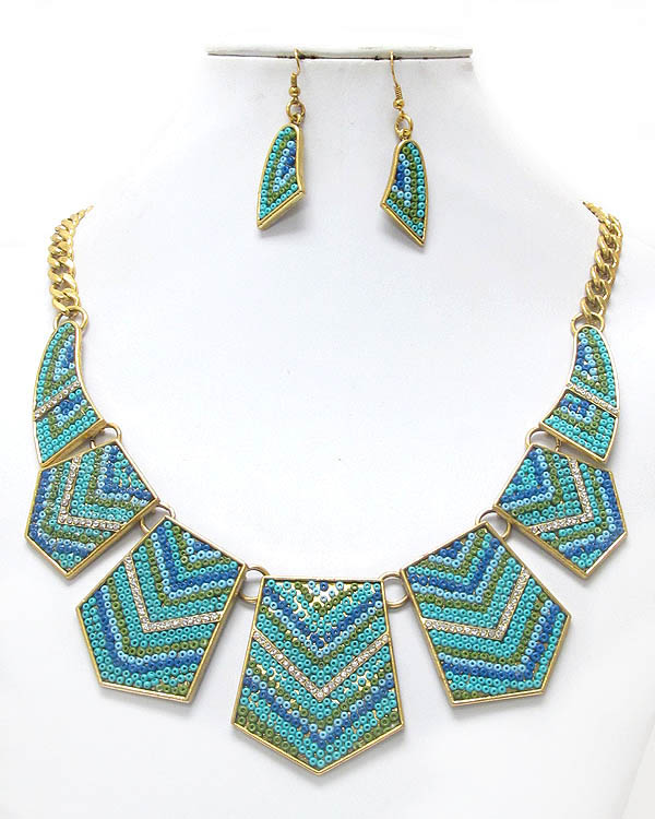 Luxury line multi crystal and bead chevron deco plate link boutique style necklace earring set