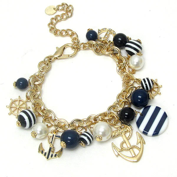 Multi nautical theme anchor and wheel charm chain bracelet