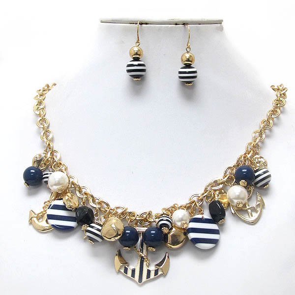 Multi nautical theme anchor charm necklace earring set