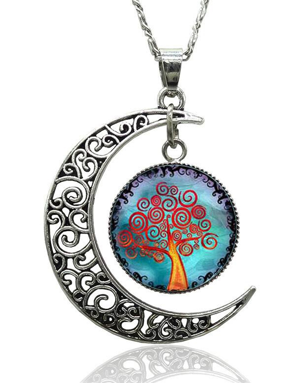 Antique silver filigree moon and tree of life cabochon necklace