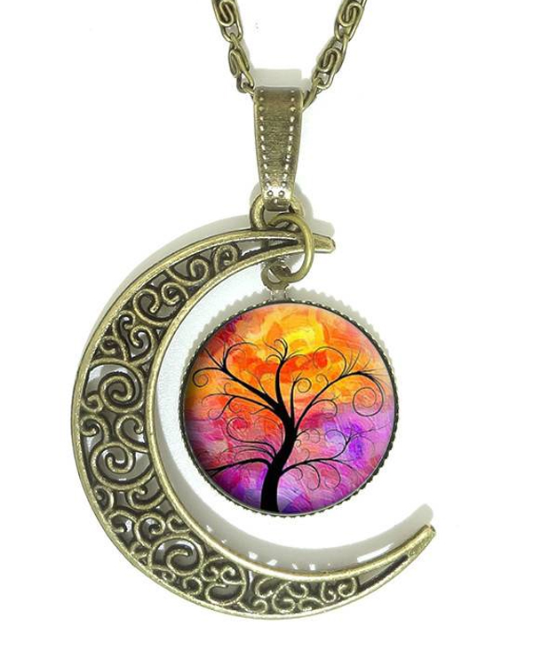 Antique bronz filigree moon and tree of life cabochon necklace