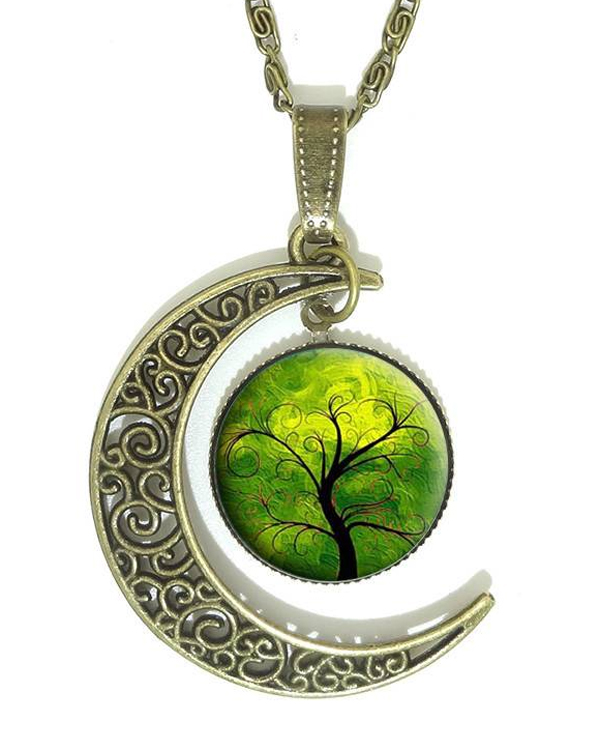 Antique bronz filigree moon and tree of life cabochon necklace