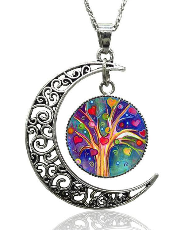 Antique silver filigree moon and tree of valentine cabochon necklace