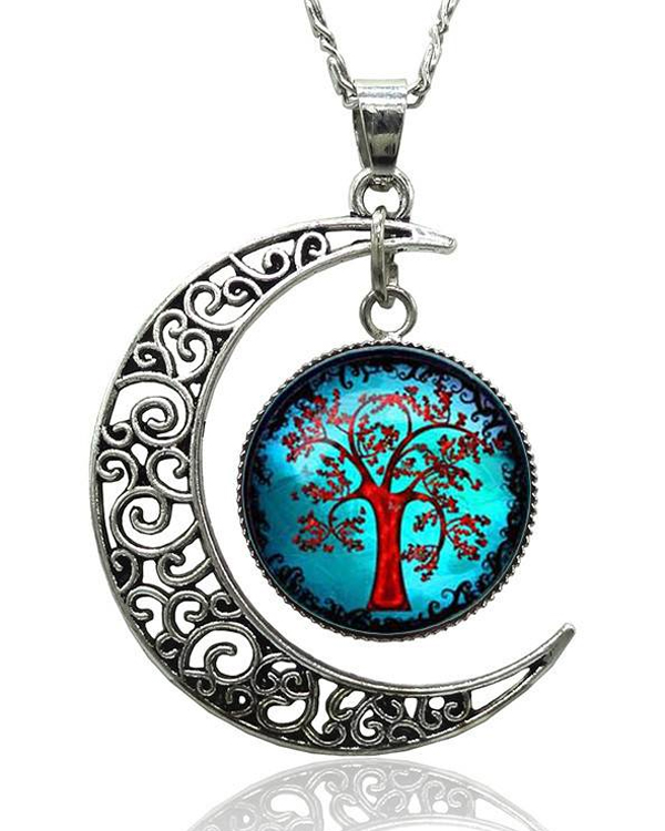 Antique silver filigree moon and tree of life cabochon necklace