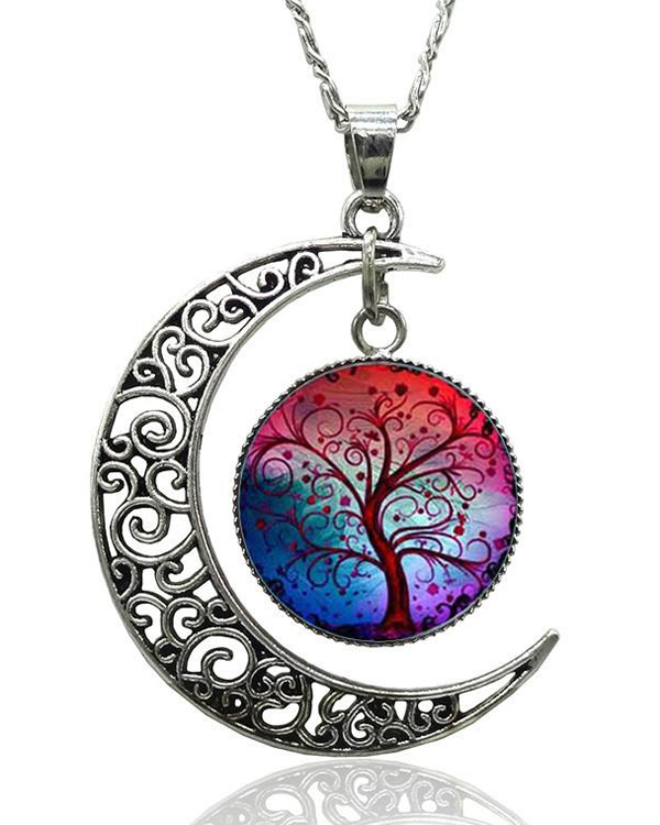 Antique silver filigree moon and tree of life cabochon necklace