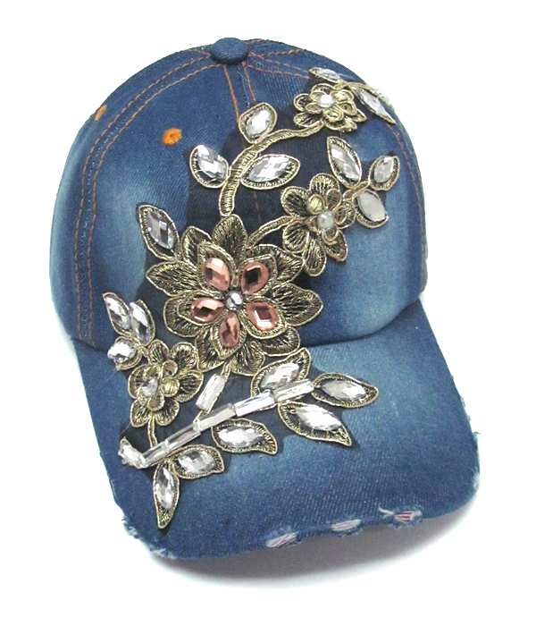 Rhinestone worn denim baseball cap-flowers