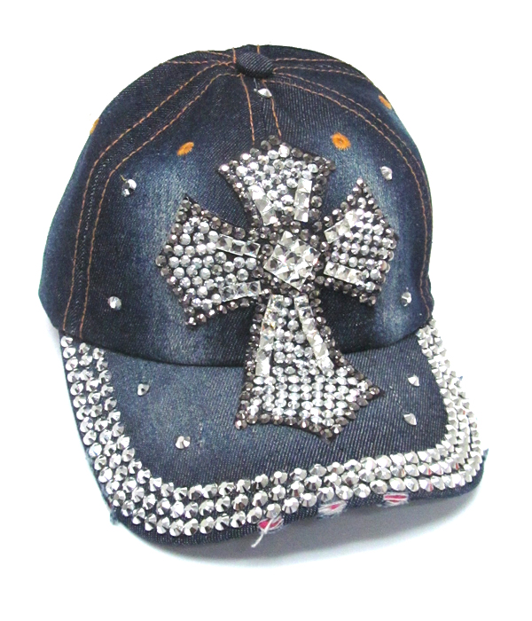 Rhinestone worn denim baseball cap-cross