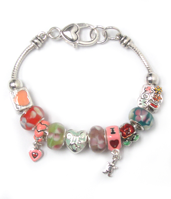 Number one mom theme metal epoxy and multi murano glass ring link pandora style bracelet