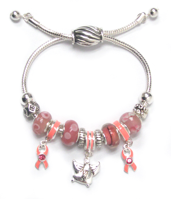 Euro style  multi beads pink ribbon  charm bracelet