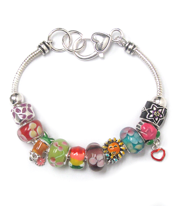 Flower metal epoxy theme and multi murano glass ring link pandora style bracelet