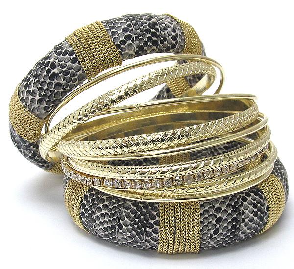 Two leatherette snake animal print and chain and crystal metal 11 mix bangle set