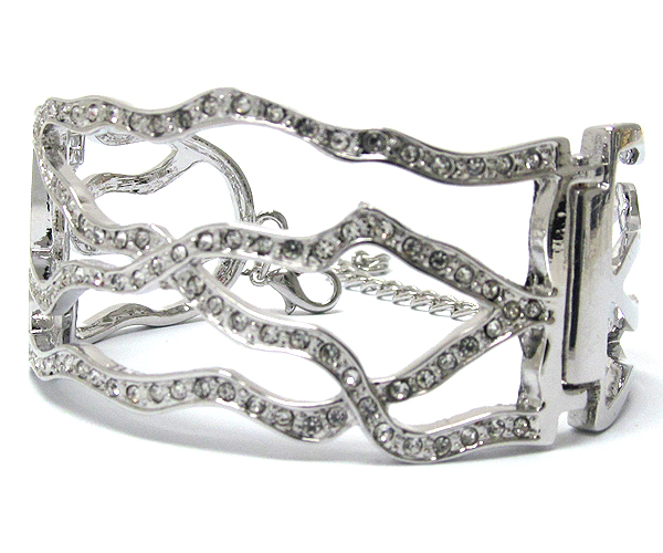 Crystal textered wave metal chain hinge bangle