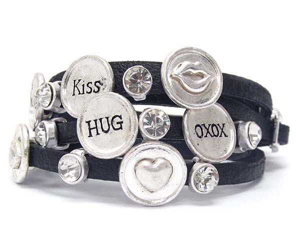 Crystal deco love theme leatherette wrap bracelet