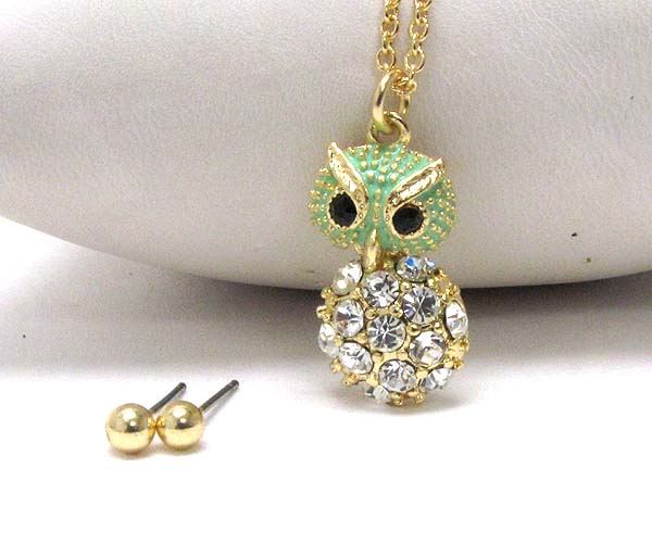 Crystal epoxy owl necklace earring set