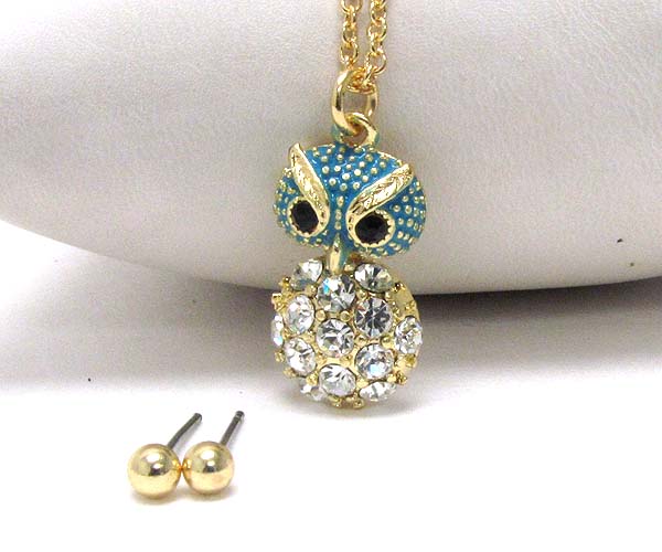 Crystal epoxy owl necklace earring set