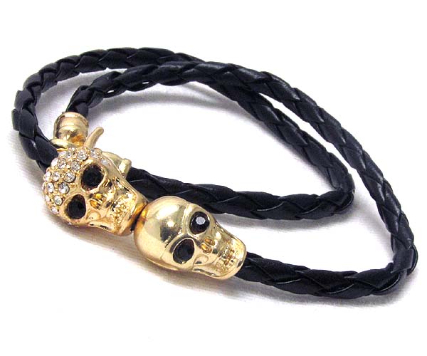 Two crystal skull and leather wrap cord friendship bracelet