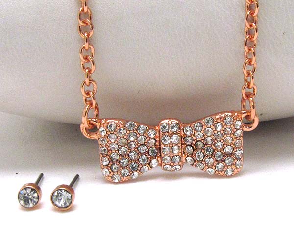 CRYSTAL METAL BOW CHAIN NECKLACE EARRING SET