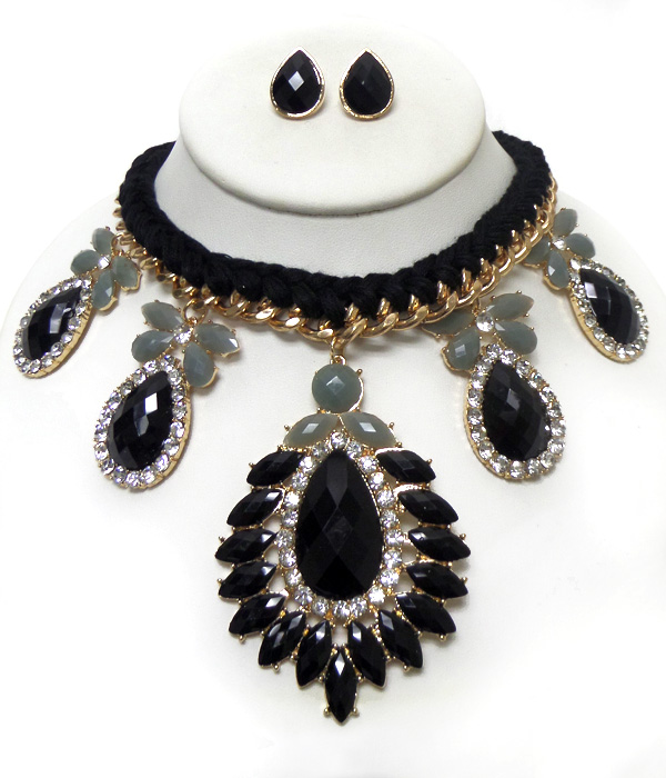 Braidied yarn and chain stones necklace set