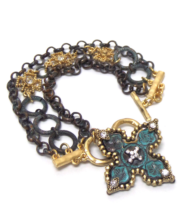 Vintage rustic crystal cross charm toggle bracelet