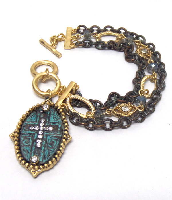 Vintage rustic crystal cross charm toggle bracelet
