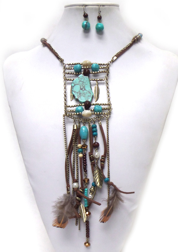 Bohemian style multi stone and feather drop necklace set
