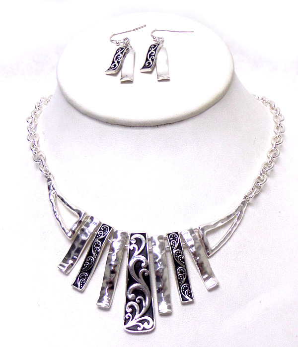 Metal filigree bar drop tribal look necklace set